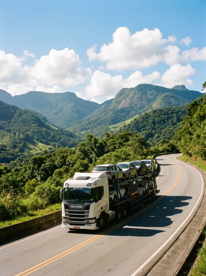 Caminhão-cegonha da Capital carregado de veículos em rodovia entre montanhas